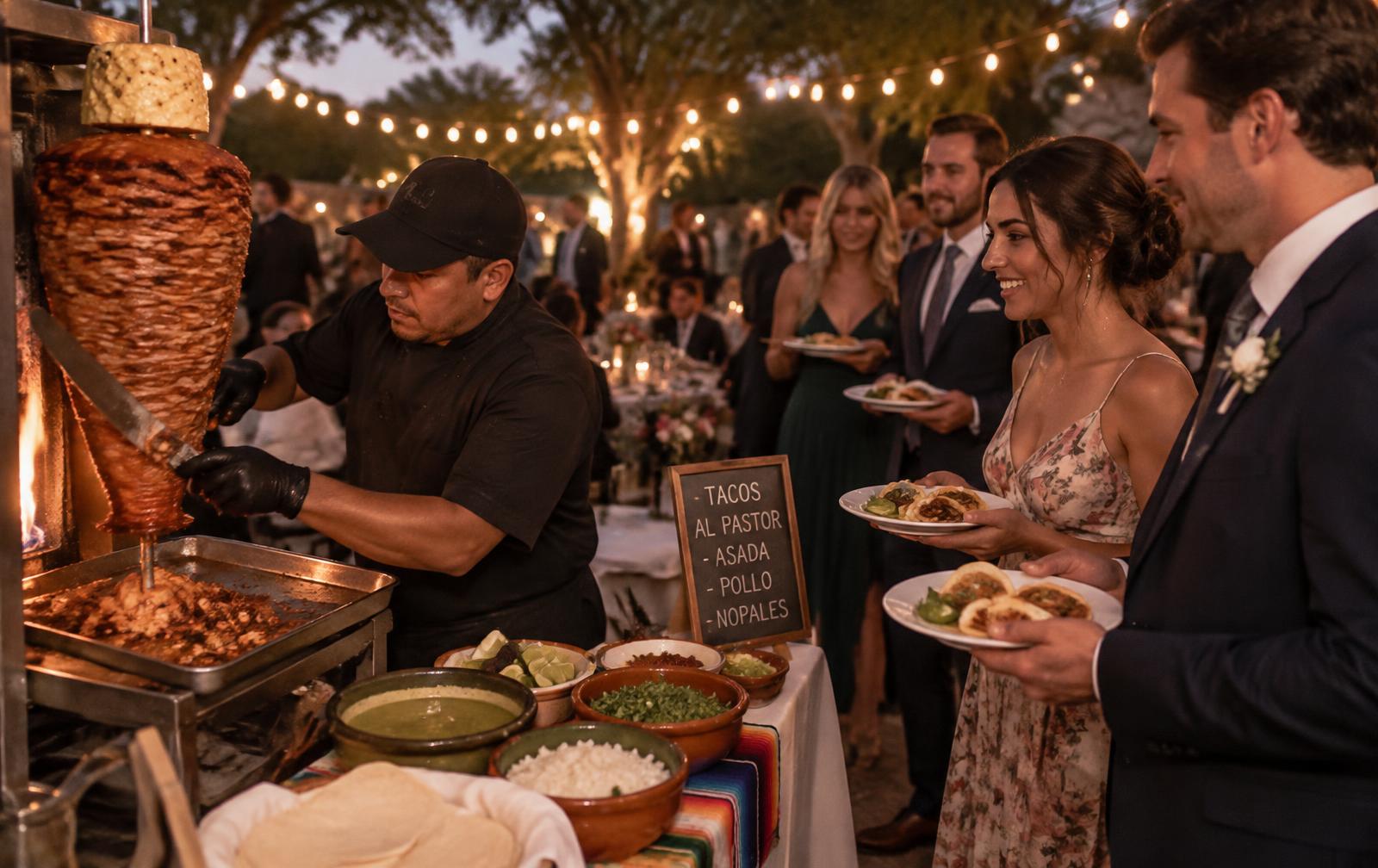 Taquero carving al pastor from a trompo at an outdoor wedding as guests hold plates of tacos