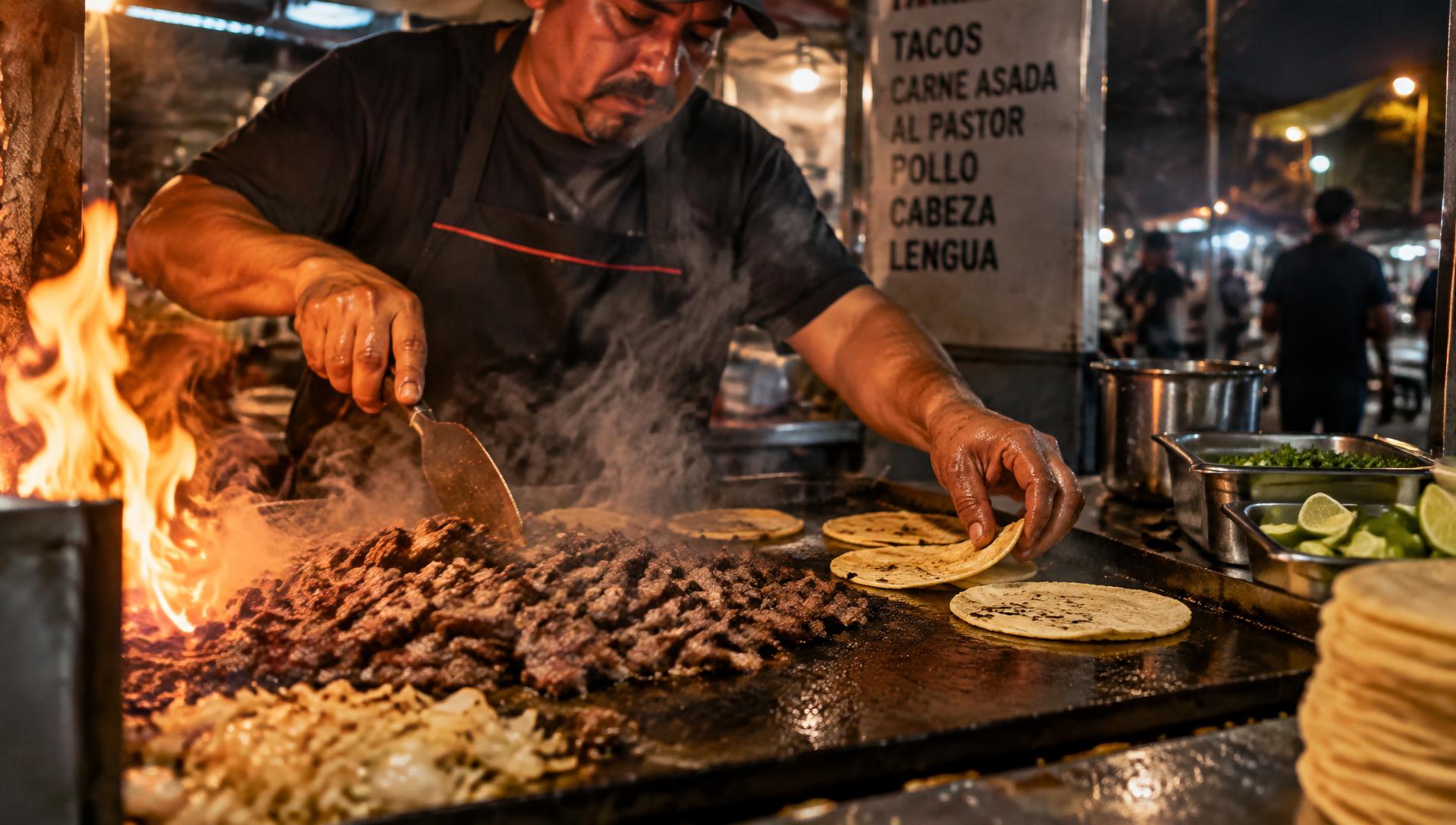 Don Joaquín taquero grilling carne asada and warming corn tortillas on a hot flat-top
