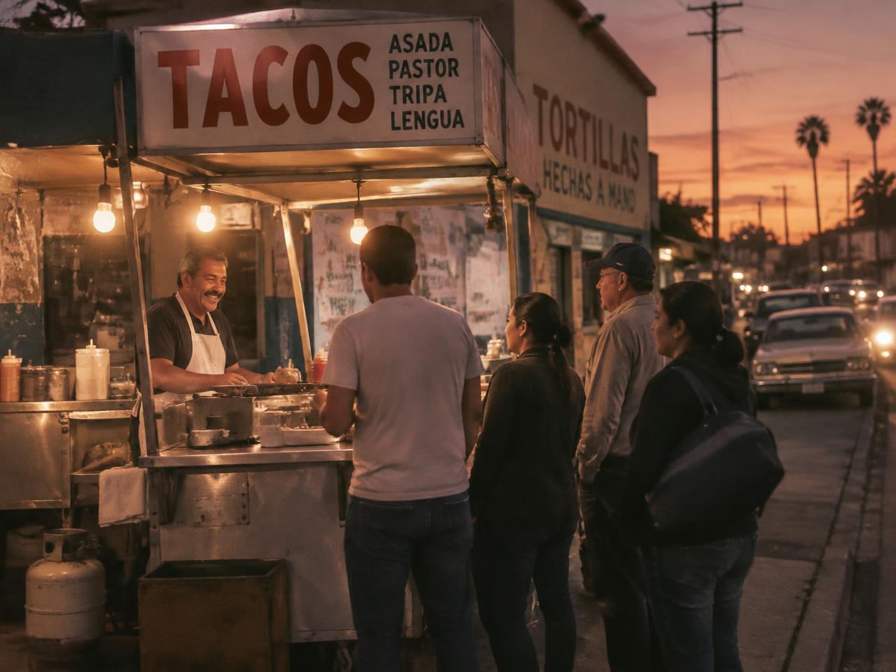 Don Joaquín smiling behind his taco cart at dusk with customers waiting in line