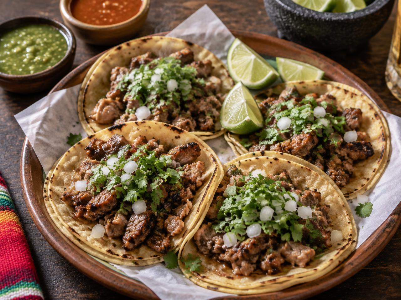 Four street tacos with onion, cilantro, lime wedges and red and green salsa